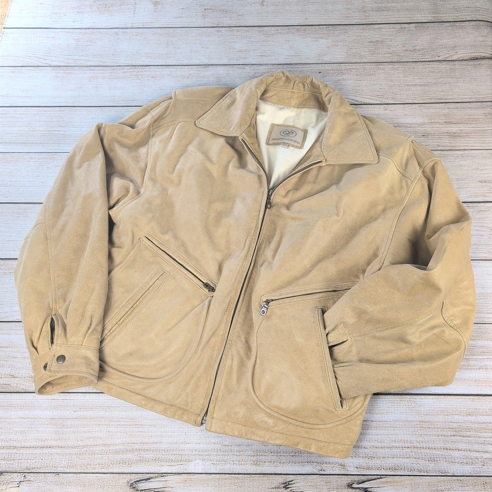 Vintage 90s y2k Georgetown Tan Leather‎ Bomber Jacket Large Zip Pocket L